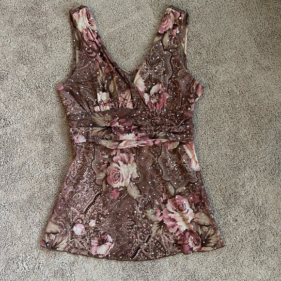 FANG Tops - Vintage Y2K Fang Babydoll Tie Back Floral Mesh Jewel Brown Pink Womens L